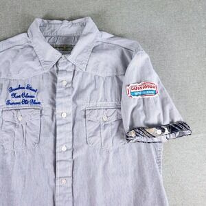 Y2K Paper Denim & Cloth NOLA Katrina Revival 2004 Patches Pinstripe Mens L Shirt
